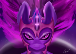 Size: 3508x2480 | Tagged: safe, artist:flaxen's art corner, twilight sparkle, alicorn, pony, g4, angry, evil, female, glowing horn, high res, horn, looking at you, magic, nightmare twilight, nightmarified, solo, twilight sparkle (alicorn)