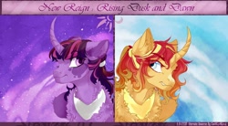 Size: 1024x564 | Tagged: safe, artist:castaspellliana, sunset shimmer, twilight sparkle, alicorn, pony, g4, alicornified, alternate universe, banner, curved horn, duo, female, horn, jewelry, mare, race swap, regalia, shimmercorn, siblings, sisters, sky, twilight sparkle (alicorn), wings