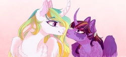 Size: 900x410 | Tagged: safe, artist:castaspellliana, princess celestia, twilight sparkle, alicorn, pony, g4, alternate universe, chest fluff, curved horn, duo, ear fluff, ear piercing, earring, female, gradient background, headcanon, horn, jewelry, looking at each other, mare, mother and child, mother and daughter, open mouth, piercing, pink background, race swap, simple background, smiling, twilight sparkle (alicorn), wings