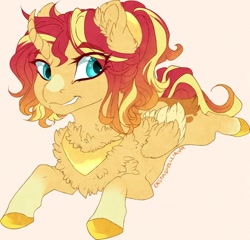 Size: 900x864 | Tagged: safe, artist:castaspellliana, sunset shimmer, alicorn, pony, g4, alicornified, alternate universe, chest fluff, curved horn, ear fluff, female, foal, horn, prone, race swap, shimmercorn, simple background, smiling, solo, wings, younger