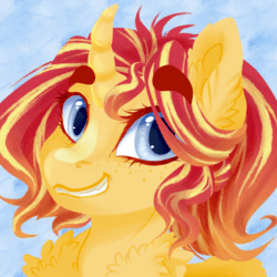 Size: 1000x1000 | Tagged: safe, artist:castaspellliana, sunset shimmer, alicorn, pony, unicorn, g4, abstract background, alicornified, animated, bushy brows, curved horn, eyebrow wiggle, eyebrows, female, grin, horn, race swap, shimmercorn, smiling, solo, thick eyebrows, wings