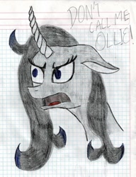 Size: 984x1280 | Tagged: safe, artist:dawnbrightglint, oleander (tfh), pony, unicorn, them's fightin' herds, angry, community related, female, graph paper, oleander is not amused, simple background, solo, traditional art