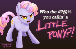 Size: 2000x1294 | Tagged: safe, artist:starshinebeast, oc, oc only, pony, unicorn, censored vulgarity, grawlixes, solo, talking, text