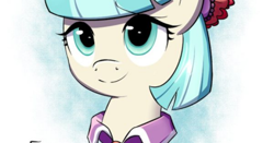 Size: 1338x703 | Tagged: safe, artist:tails-doll-lover, edit, coco pommel, earth pony, pony, g4, bow, bust, cocobetes, cropped, cute, female, hair bow, looking at you, solo