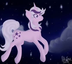 Size: 800x720 | Tagged: safe, artist:pokezane, twilight, g1, cloud, cute, g1 twiabetes, missing accessory, night sky background, signature