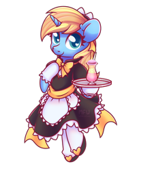 Size: 2208x2480 | Tagged: safe, artist:wavecipher, oc, oc only, oc:skydreams, pony, unicorn, bipedal, bow, clothes, commission, cute, daaaaaaaaaaaw, female, heart, heart eyes, high res, maid, maid headdress, mare, simple background, smiling, smiling at you, solo, transparent background, tray, wingding eyes, ych result
