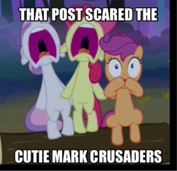 Size: 461x444 | Tagged: source needed, useless source url, safe, edit, edited screencap, screencap, apple bloom, scootaloo, sweetie belle, earth pony, pegasus, pony, unicorn, g4, sleepless in ponyville, caption, cropped, cutie mark crusaders, female, filly, image macro, nose in the air, scared, screaming, sitting, text, trio