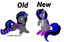 Size: 1615x1050 | Tagged: safe, artist:officiallunardj, oc, oc only, oc:lunar midnight, bat pony, pony, chest fluff, clothes, collar, simple background, socks, solo, striped socks, white background