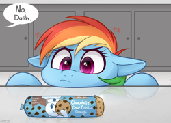 Size: 1500x1080 | Tagged: safe, artist:higglytownhero, rainbow dash, pegasus, pony, g4, angry, bust, cookie, cookie dough, counter, cross-popping veins, cute, dashabetes, dialogue, eyes on the prize, female, floppy ears, food, mare, offscreen character, pillsbury doughboy, solo, speech bubble, this will end in food poisoning, weapons-grade cute