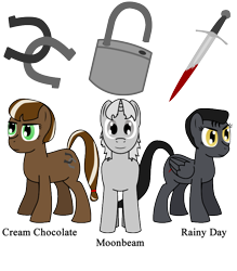 Size: 700x800 | Tagged: safe, artist:warren peace, oc, oc only, oc:cream chocolate, oc:moonbeam, oc:rainy day, earth pony, pegasus, pony, unicorn, fanfic:my little argonian family is sacred, cutie mark, fanfic, fanfic art, female, horseshoes, knife, lock, male, mare, padlock, simple background, stallion, text, transparent background, vector