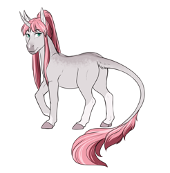 Size: 2865x2916 | Tagged: safe, artist:blackblood-queen, oc, oc only, oc:rosie quartz, pony, unicorn, coat markings, colored, curved horn, digital art, dorsal stripe, dun, facial markings, female, flat colors, gray coat, high res, horn, leonine tail, looking at you, looking back, looking back at you, mare, pink mane, ponytail, raised hoof, redesign, simple background, snip (coat marking), solo, standing, star (coat marking), unicorn oc