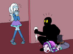 Size: 2004x1492 | Tagged: safe, artist:bugssonicx, starlight glimmer, trixie, human, equestria girls, g4, arm behind back, bondage, boots, bound wrists, caught, cloth gag, clothes, covering mouth, damsel in distress, female, gag, hogtied, jacket, kidnapped, looking at each other, open mouth, pants, screaming, shoes, skirt, struggling, surprised, tied up