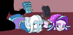 Size: 2150x1038 | Tagged: safe, artist:bugssonicx, starlight glimmer, trixie, human, equestria girls, g4, arm behind back, beanie, bondage, boots, bound and gagged, bound wrists, cleave gag, clothes, female, gag, hat, help us, hogtied, kidnapped, looking at each other, offscreen character, shoes, skirt, struggling, tied up