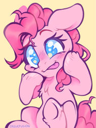Size: 915x1213 | Tagged: safe, artist:onionpwder, pinkie pie, earth pony, pony, g4, :p, chest fluff, cute, diapinkes, female, leg fluff, mare, no pupils, raised hoof, silly, silly face, silly pony, simple background, sitting, smiling, solo, tongue out, underhoof, yellow background