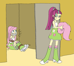 Size: 1503x1349 | Tagged: safe, artist:bugssonicx, fluttershy, sour sweet, human, equestria girls, g4, arm behind back, blouse, bondage, boots, bound and gagged, captured, clothes, clothes swap, damsel in distress, disguise, door, duo, evil smirk, female, gag, impostor, kidnapped, looking at each other, scared, shoes, skirt, smiling, struggling, tape, tape gag, teary eyes, tied up, wig