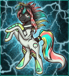 Size: 1095x1200 | Tagged: safe, artist:cyiakanami, oc, oc only, pony, unicorn, digital art, female, horn, lightning, mare, power-up, shock, solo, tail