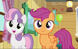 Size: 1026x650 | Tagged: safe, screencap, scootaloo, sweetie belle, pegasus, pony, unicorn, bloom & gloom, g4, balloon, blank flank, clubhouse, cropped, crusaders clubhouse, cute, cutealoo, diasweetes, duo, female, filly, foal, folded wings, hnnng, lantern, looking at you, open mouth, smiling, talking, wings
