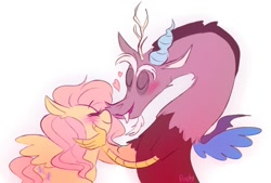 Size: 1024x694 | Tagged: safe, artist:poplyy, discord, fluttershy, draconequus, pegasus, pony, g4, blushing, boop, cute, ear fluff, female, heart, male, mare, noseboop, open mouth, ship:discoshy, shipping, simple background, straight, white background