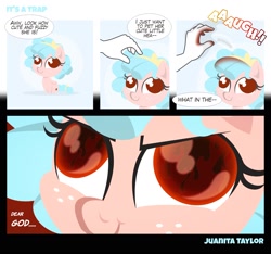 Size: 2000x1875 | Tagged: safe, artist:jalapenoflower, cozy glow, pegasus, pony, g4, atg 2020, burned, comic, cozybetes, cute, dialogue, disembodied hand, female, filly, fire, hand, newbie artist training grounds, no pupils, offscreen character, offscreen human, onomatopoeia, pure concentrated unfiltered evil of the utmost potency, pure unfiltered evil, speech bubble, wingding eyes