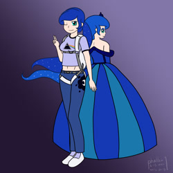 Size: 1000x1000 | Tagged: safe, artist:phallen1, princess luna, human, g4, atg 2020, back to back, belly button, clothes, dress, duality, gown, gradient background, humanized, jeans, looking over shoulder, midriff, newbie artist training grounds, one eye closed, pants, parachute, peace sign, pink floyd, self paradox, shirt, simple background, t-shirt, the dark side of the moon, wink