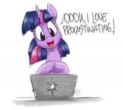 Size: 1676x1505 | Tagged: safe, artist:flutterthrash, twilight sparkle, pony, unicorn, g4, atg 2020, computer, dialogue, female, laptop computer, mare, newbie artist training grounds, open mouth, out of character, procrastination, simple background, solo, white background
