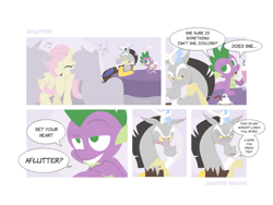 Size: 864x648 | Tagged: safe, artist:jalapenoflower, discord, fluttershy, spike, draconequus, dragon, pegasus, pony, g4, blushing, comic, dialogue, female, implied discoshy, implied shipping, implied straight, male, mare, pun, speech bubble