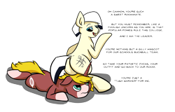 Size: 1957x1250 | Tagged: safe, artist:khaki-cap, oc, oc only, oc:cannon de minor, oc:cannon deminor, oc:criss cross, earth pony, pony, unicorn, assisted exposure, butt, cutie mark, earth pony oc, faceful of ass, facesitting, horn, mocking, plot, simple background, sitting on head, sitting on person, sitting on pony, smug, students, text, transparent background, unicorn oc