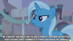 Size: 1280x720 | Tagged: safe, edit, edited screencap, screencap, trixie, pony, unicorn, g4, road to friendship, angry, caption, female, image macro, implied rarity, implied starlight glimmer, implied sunset shimmer, mare, meme, solo, text