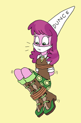 Size: 1194x1812 | Tagged: safe, artist:bugssonicx, cheerilee, human, equestria girls, g4, arm behind back, bondage, boots, bound and gagged, cloth gag, clothes, damsel in distress, dunce hat, female, gag, hat, shoes, simple background, skirt, struggling, tied up