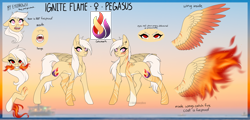 Size: 3750x1797 | Tagged: safe, artist:ohhoneybee, oc, oc only, oc:ignite flame, pegasus, pony, female, fire, mare, reference sheet, solo