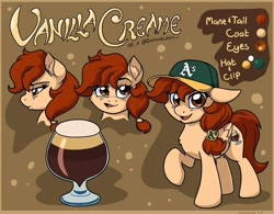Size: 672x523 | Tagged: safe, artist:latecustomer, oc, oc only, oc:vanilla creame, alcohol, baseball cap, beer, cap, cute, female, happy, hat, mare, oakland athletics, reference sheet, simple background