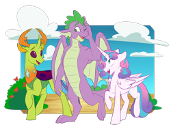 Size: 1280x951 | Tagged: safe, artist:chub-wub, princess flurry heart, spike, thorax, alicorn, changedling, changeling, dragon, pony, g4, female, king thorax, male, mare, older, older flurry heart, older spike, one eye closed, redraw, simple background, smiling, transparent background, trio, winged spike, wings
