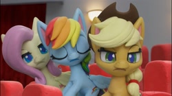 Size: 1197x670 | Tagged: safe, screencap, applejack, fluttershy, rainbow dash, earth pony, pegasus, pony, g4.5, hat in the way, my little pony: stop motion short, angry, frown, theater