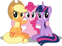 Size: 9635x7072 | Tagged: safe, artist:ace play, applejack, pinkie pie, twilight sparkle, alicorn, earth pony, pony, g4, absurd resolution, grin, looking at you, simple background, sitting, smiling, smiling at you, transparent background, trio, twilight sparkle (alicorn), vector