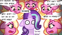 Size: 964x542 | Tagged: safe, artist:musescript, luster dawn, starlight glimmer, pony, unicorn, g4, angry, bust, dialogue, female, lotster dawn, mare, multeity, open mouth