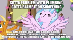 Size: 888x499 | Tagged: safe, silverstream, smolder, classical hippogriff, dragon, hippogriff, g4, the hearth's warming club, caption, cute, diastreamies, dragoness, female, image macro, impact font, meme, song reference, spread arms, text, that hippogriff sure does love indoor plumbing, the plumbing song, weird al yankovic