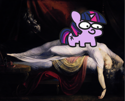 Size: 1280x1037 | Tagged: safe, artist:threetwotwo32232, twilight sparkle, horse, human, pony, g4, henry fuseli, nightmare, painting, painting edit, the nightmare, twiggie, woonoggles