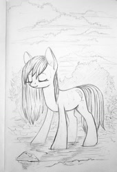 Size: 700x1031 | Tagged: safe, artist:maytee, oc, oc only, earth pony, pony, grayscale, monochrome, pencil drawing, rain, solo, traditional art, wet mane