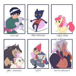 Size: 2000x2000 | Tagged: safe, artist:danfango, apple bloom, cat, earth pony, goat, human, pony, wolf, anthro, digitigrade anthro, g4, anthro with ponies, arashi no yoru ni, balancing, bow, clothes, crossover, dagger, disney, female, fez, filly, hair bow, hat, high res, kingdom hearts, mae borowski, male, neckerchief, night in the woods, over the garden wall, rock lee, sharp teeth, sitting, six fanarts, smiling, teeth, terra-xehanort, thinking, weapon, wirt