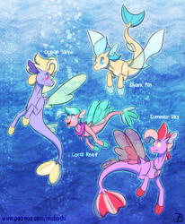 Size: 1319x1600 | Tagged: safe, artist:inuhoshi-to-darkpen, oc, oc only, oc:coral reef, oc:ocean sky, oc:shark fin, oc:summer sky, seapony (g4), bubble, family, female, fins, group, jewelry, necklace, open mouth, quartet, seashell necklace, swimming, underwater, water