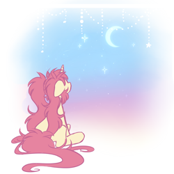Size: 2000x2000 | Tagged: safe, artist:hawthornss, oc, oc only, oc:amai yume, pony, unicorn, crescent moon, high res, long mane, moon, pigtails, twintails