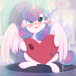 Size: 1080x1080 | Tagged: safe, artist:princessesmeraldaofficial, princess flurry heart, alicorn, pony, g4, blushing, chest fluff, cute, female, floppy ears, flurrybetes, heart, heart pillow, looking up, mare, older, older flurry heart, pillow, signature, smiling, solo, weapons-grade cute