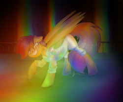 Size: 1280x1067 | Tagged: safe, artist:princessesmeraldaofficial, scootaloo, pegasus, pony, fanfic:rainbow factory, g4, absentia, clothes, crying, factory scootaloo, female, lab coat, liquid rainbow, mare, role reversal, signature, smiling, solo, spectra