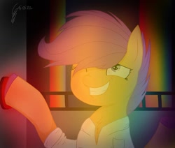 Size: 1080x914 | Tagged: safe, artist:princessesmeraldaofficial, scootaloo, pegasus, pony, fanfic:rainbow factory, g4, absentia, bust, button, clothes, drugs, factory scootaloo, female, lab coat, liquid rainbow, mare, one eye closed, role reversal, signature, smiling, spectra, wink
