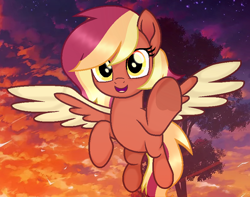 Size: 818x643 | Tagged: safe, artist:mint-light, oc, oc only, pegasus, pony, cloud, flying, movie accurate, open mouth, outdoors, pegasus oc, raised hoof, smiling, solo, tree, two toned wings, underhoof, wings