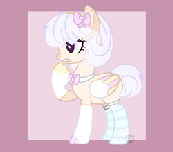 Size: 2300x2018 | Tagged: safe, artist:mint-light, oc, oc only, pegasus, pony, abstract background, bow, bowtie, clothes, eyelashes, female, frown, hair bow, high res, mare, pegasus oc, raised hoof, socks, solo, striped socks, wings