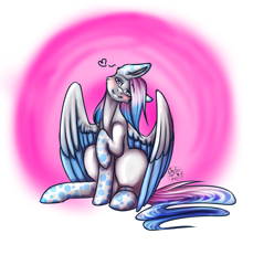 Size: 1100x1200 | Tagged: safe, artist:youmisama13, oc, oc only, oc:blue sky, pegasus, pony, abstract background, heart, pegasus oc, raised hoof, signature, smiling, solo, wings