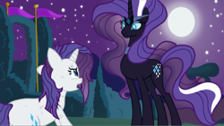 Size: 1514x852 | Tagged: safe, artist:emeriss96, nightmare rarity, rarity, pony, unicorn, g4, female, looking at each other, mare, moon, night