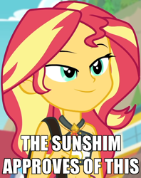Size: 600x759 | Tagged: safe, edit, edited screencap, screencap, sunset shimmer, equestria girls, equestria girls specials, g4, my little pony equestria girls: better together, my little pony equestria girls: forgotten friendship, approval, belly button, bikini, bikini top, blurry background, caption, cliff, clothes, cloud, cropped, cute, female, forest background, geode of empathy, image macro, jewelry, lidded eyes, magical geodes, midriff, necklace, outdoors, sarong, sexy, shimmerbetes, shoulder bag, sky, sleeveless, smiling, solo, steps, sunshim, swimsuit, text