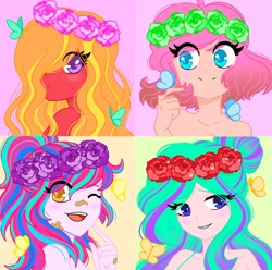 Size: 1920x1905 | Tagged: safe, artist:ocean-drop, oc, oc only, oc:crystal clear, oc:pebble pie, oc:radience, oc:sweetie pie, butterfly, dracony, hybrid, equestria girls, g4, female, floral head wreath, flower, flower in hair, interspecies offspring, offspring, parent:big macintosh, parent:cheese sandwich, parent:marble pie, parent:pinkie pie, parent:princess cadance, parent:rarity, parent:shining armor, parent:spike, parents:cheesepie, parents:marblemac, parents:shiningcadance, parents:sparity, smiling